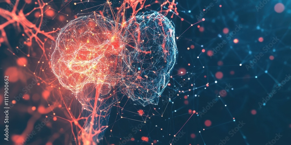 Poster abstract neural network visualization red and blue brain connections digital art