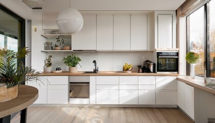 Elegant white kitchen with spacious layout and modern appliances for a functional cooking experience