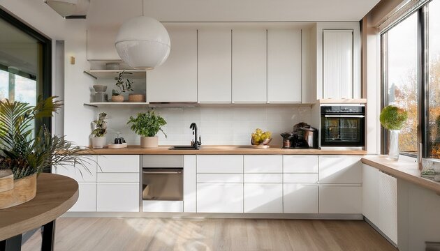 Elegant white kitchen with spacious layout and modern appliances for a functional cooking experience