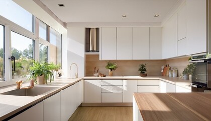 Chic white and neutral kitchen featuring open shelving and contemporary decor for a stylish touch