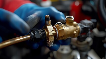 Gloved Hands Inspecting a Brass Plumbing Valve