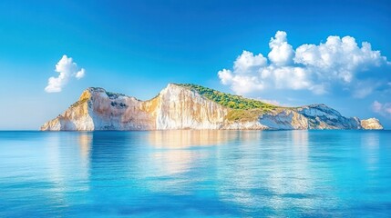 Fototapeta premium A serene coastal landscape with a rocky cliff and calm blue waters under a bright sky.