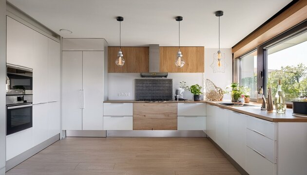 Elegant white kitchen with spacious layout and modern appliances for a functional cooking experience