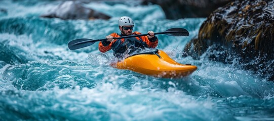 Fototapeta premium Whitewater kayaking, extreme canoeing. Athlete guy in protective jacket at kayak sails on wild mountain river. Concept of professional sport, extreme kind of sports, activity, action. Ad