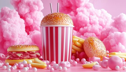Delicious fast food feast colorful dessert paradise studio setup whimsical vibe top down view sweet indulgence