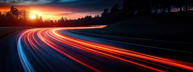 Gordijnen Race car speeds around winding track at sunset, leaving trail of vibrant light streaks creating a sense of speed and energy, © master1305