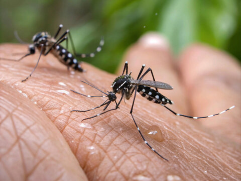 Black and white striped mosquitoes, known carriers of diseases.