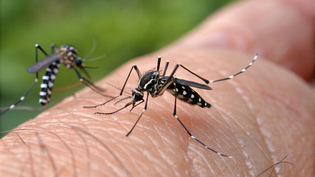 Close-up of mosquitoes biting human skin, highlighting their anatomy