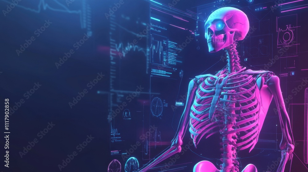 Poster neon skeleton analyzing medical data futuristic 3d render of a human skeleton interacting with holog