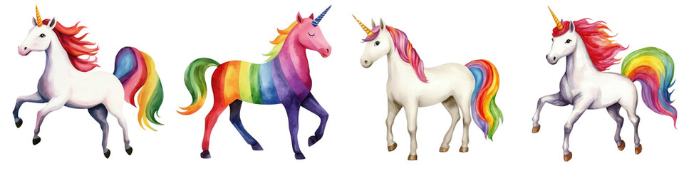 Magical unicorns with vibrant rainbow tails in various poses and colors, isolated on transparent background.