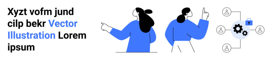 Two characters in blue attire pointing at various icons including a gear, cloud, and lock. Ideal for teamwork, collaboration, technology, security, communication, planning, and networking concepts