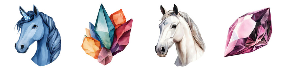 magical unicorn with sparkling gems and colorful crystals, isolated on transparent background.