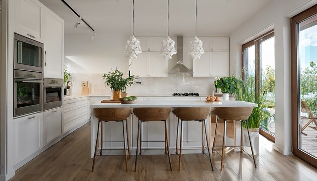 Elegant white kitchen with spacious layout and modern appliances for a functional cooking experience