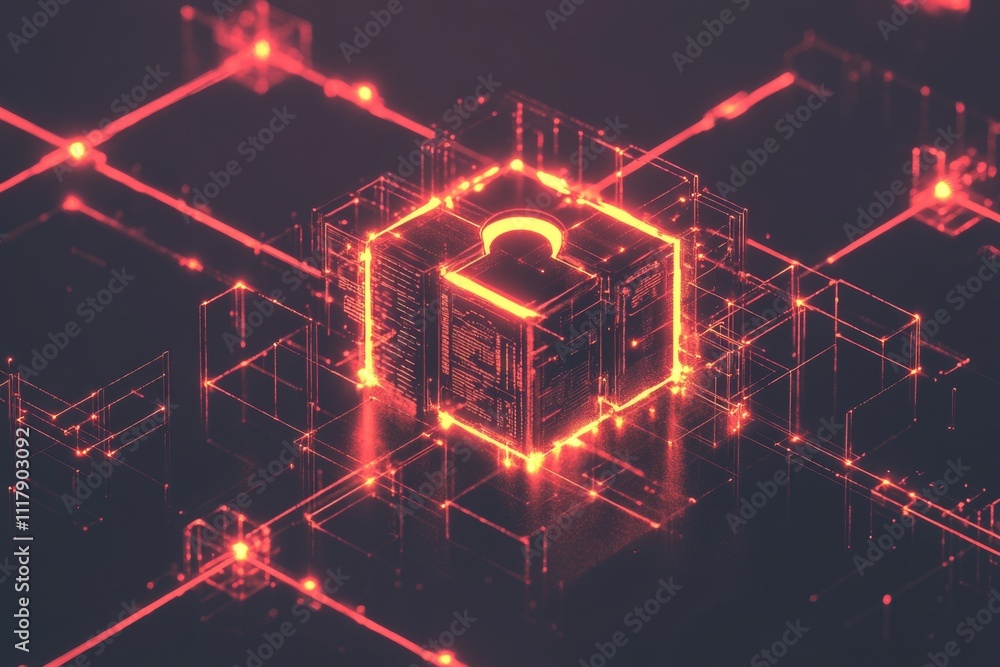 Poster glowing lock symbol amidst interconnected nodes representing cybersecurity and data protection