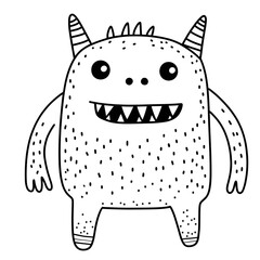 Fototapeta premium Cute monster with horns, scary fantasy beast, coloring book for kids, cartoon style, linear art.