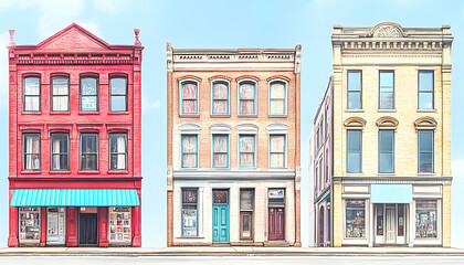 Fototapeta premium Three vintage storefronts on a clear day, showcasing unique architectural details and vibrant colors. Ideal for design, travel, and real estate projects.