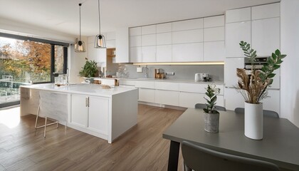 Elegant contemporary kitchen design with white cabinetry and neutral accents for a timeless and chic look