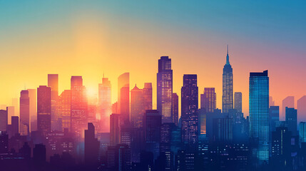 Fototapeta premium City skyline illuminated by sunset over the horizon with vibrant colors and silhouettes of buildings