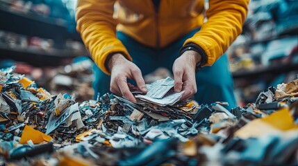 Person Sorting Through Shredded Paper And Plastic Waste