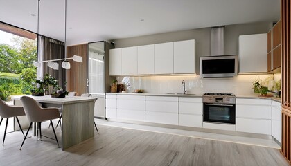 Modern kitchen design featuring white cabinetry and neutral accents for a clean and minimalist look