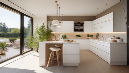 Fototapeta premium Inviting white kitchen with spacious layout and modern appliances for a functional cooking experience