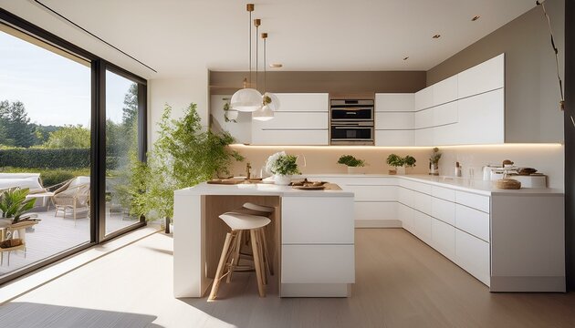 Inviting white kitchen with spacious layout and modern appliances for a functional cooking experience