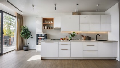 Fototapeta premium Bright white kitchen featuring large windows and neutral decor for a cheerful and inviting atmosphere