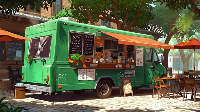 A food truck is under the tree and there are chairs and tables. Seamless 4K looping timelapse video animation background