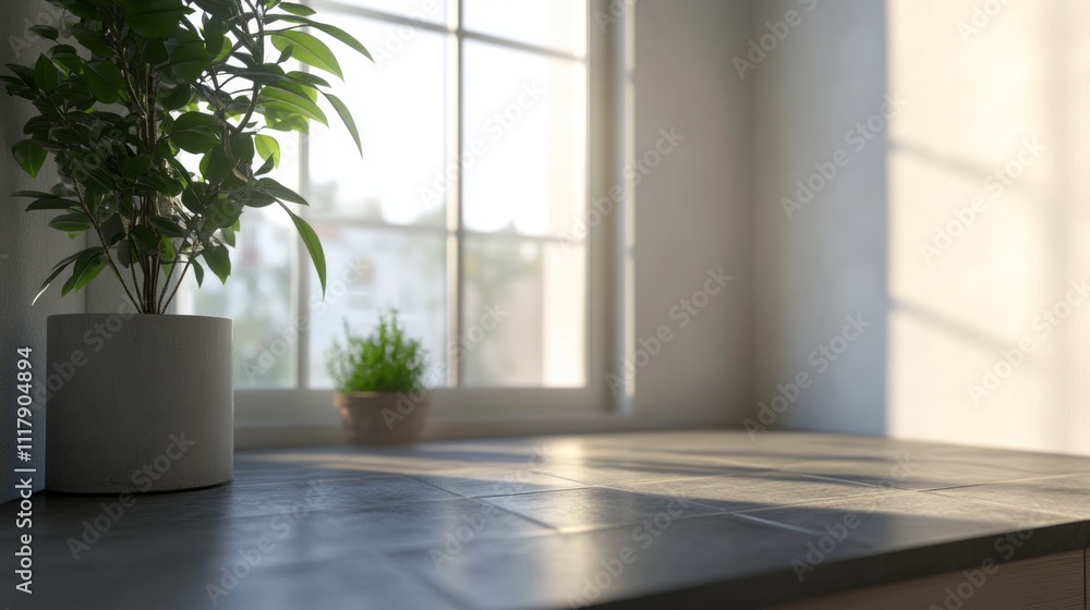 Poster sunlight streams through large windows, casting gentle shadows on a contemporary countertop adorned 