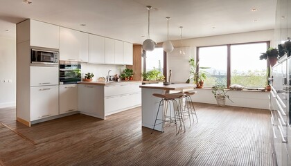 Cozy white and neutral contemporary kitchen with warm lighting and inviting decor for family gatherings