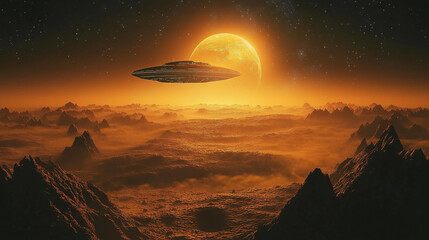 Mysterious spacecraft hovering over an alien landscape at sunset