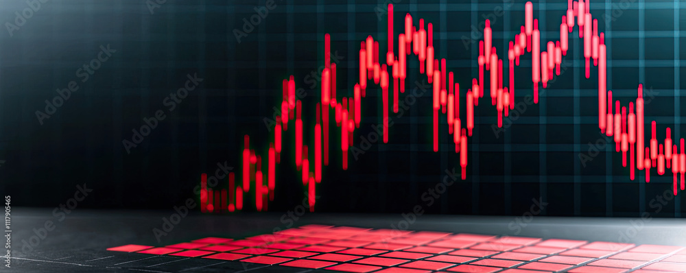 Poster a dynamic stock market chart showing fluctuating prices in red.