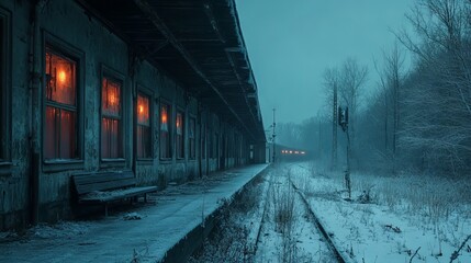 Fototapeta premium An Abandoned Train Station Covered in Frost, with Glowing Windows in the Distance, Creating an Eerie Mood