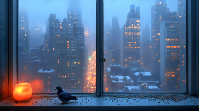 Fototapeta Serene city view at twilight, seen from a window with a pigeon and candlelight. Peaceful snowy cityscape.