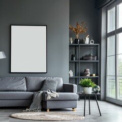 Elegant panoramic gray living room with unique posters and comfortable seating for family gatherings