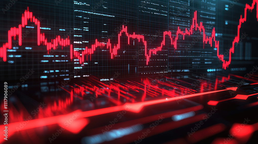 Poster abstract data visualization featuring a red financial chart against a digital background.
