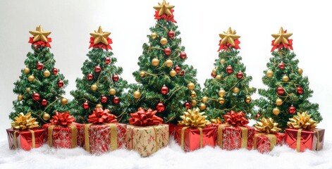 Christmas Tree Isolated over White Background, Set of Decorated Xmas Tree with Present Gift Boxes , isolated on white background,  , copy space, copy space for text,