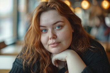 Fototapeta premium Smiling happy young overweight woman photo from Generative AI