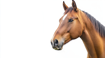 Fototapeta premium Close-up of a majestic brown horse with a white blaze, captured against a clean white background, showcasing its serene expression and glossy coat.