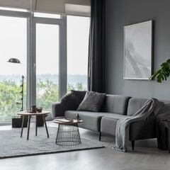 Inviting gray living room showcasing panoramic views and colorful posters for a cheerful atmosphere