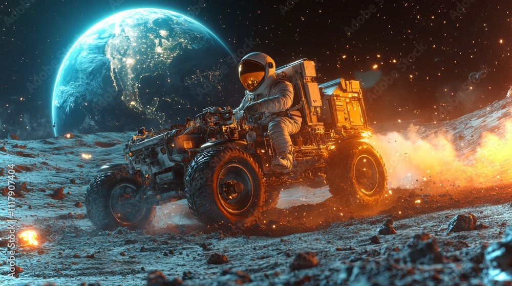 Poster astronaut operates lunar rover exploring the surface of the moon with earth in backdrop