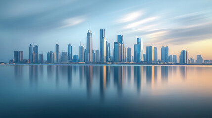 Fototapeta premium Majestic skyline view with reflections at dawn in a bustling city by the waterfront
