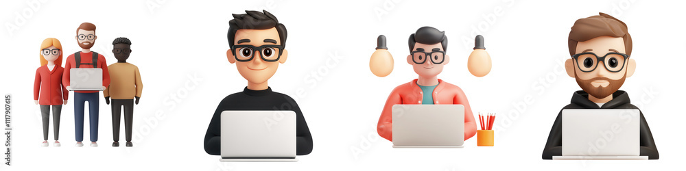 Wall mural web development characters working on laptops in creative environment, isolated on transparent backg