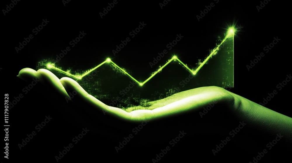 Aufkleber here's a and keyword list for your image.. glowing green graph rising in hand, symbolizing growth an