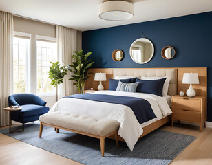 House interior backdrop, warm white bedroom with brilliant furnishings natural wooden tables, contemporary style,. Generative AI