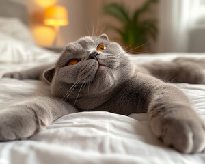 A serene and content Scottish Fold cat, lounging comfortably on a bed.