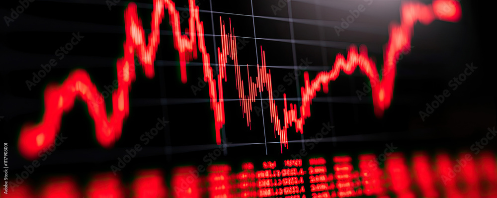 Poster close-up of a digital stock market graph displaying a declining trend in red.