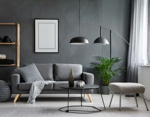 Stylish panoramic gray living room with a focus on artful posters and modern decor elements