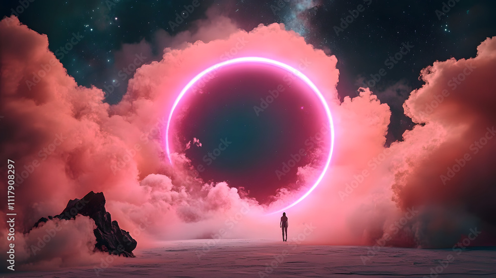 Wall mural this image portrays a cosmic scene with a celestial portal enveloped in pink clouds, offering a surr