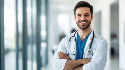 Confident male doctor smiling in a bright hospital hallway, wearing a stethoscope and lab coat, embodying professionalism and care.